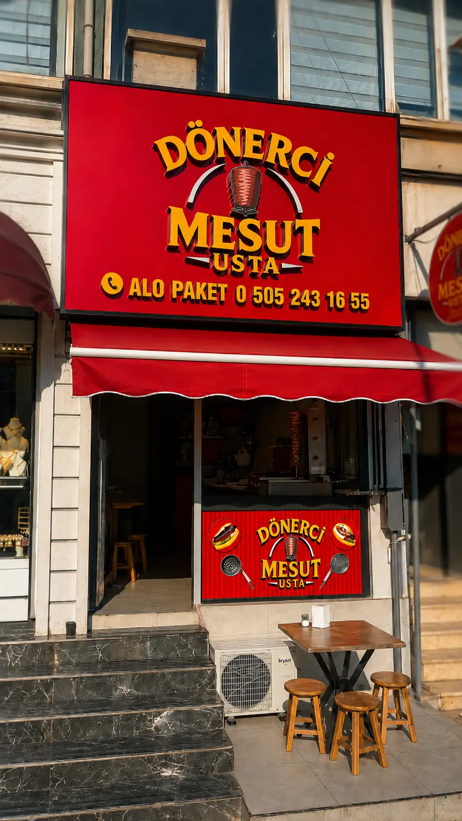 Dönerci Mesut Usta Bursa kırmızı cephe tabelası ve çift yönlü yuvarlak fener tabela