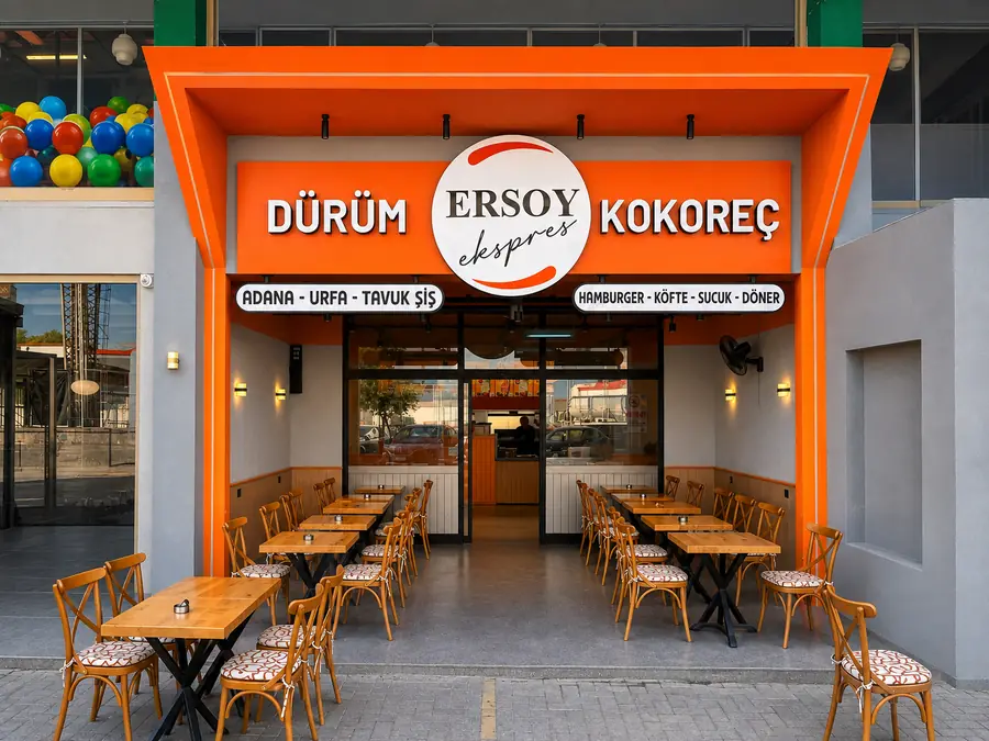 Ersoy Ekspres Bursa turuncu restoran cephesi, ışıklı kutu harf tabela ve baskılı menü panoları