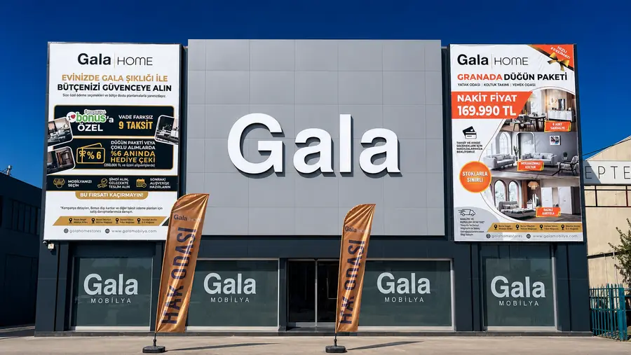 Gala Home Bursa mobilya mağazasında büyük kutu harf ve kampanya baskılı cephe brandaları