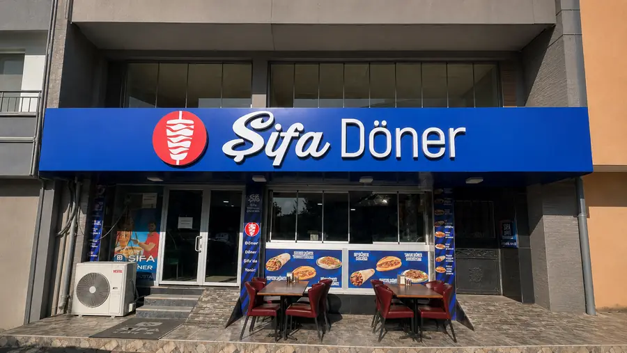 Şifa Döner Bursa restoranında mavi kompozit cephe ve beyaz kutu harf tabela