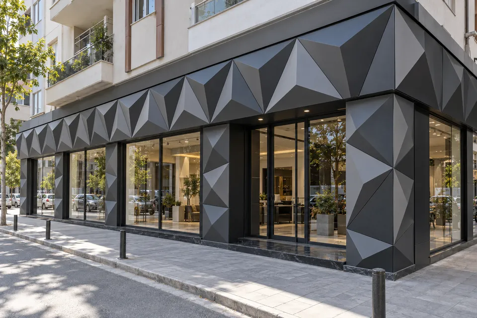 Antrasit üçgen 3D kompozit panellerle kaplanmış mağaza cephesi tasarım görseli