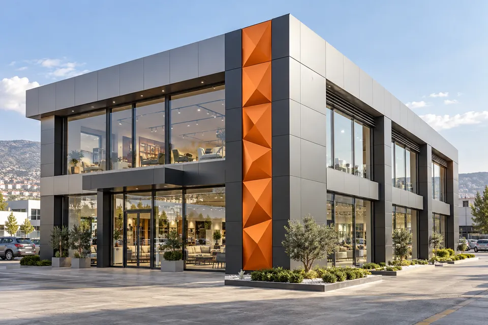 Gri düz kompozit cephe ve turuncu geometrik kolonlu showroom tasarım görseli